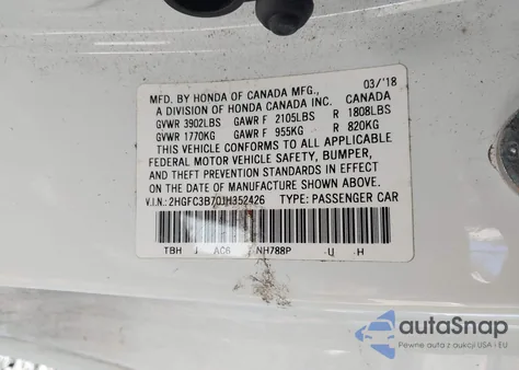 2018 Honda Civic Ex-L z USA, uszkodzony, nr VIN 2HGFC3B70JH352426